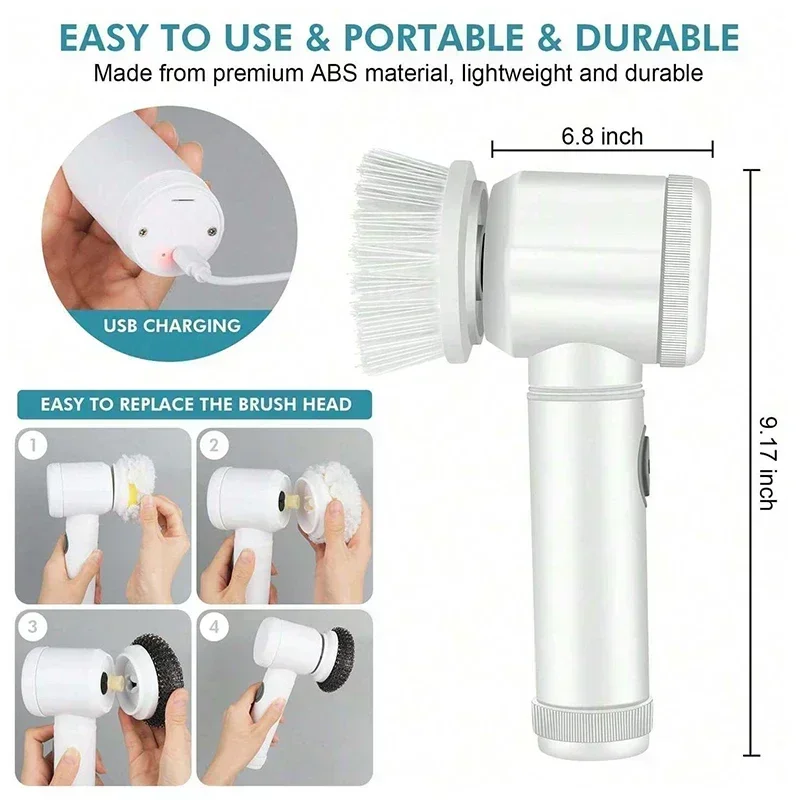 Cordless electric rotary scrubber with 5 replaceable brush heads, rechargeable bathroom and kitchen tile cleaning brush - Image 2