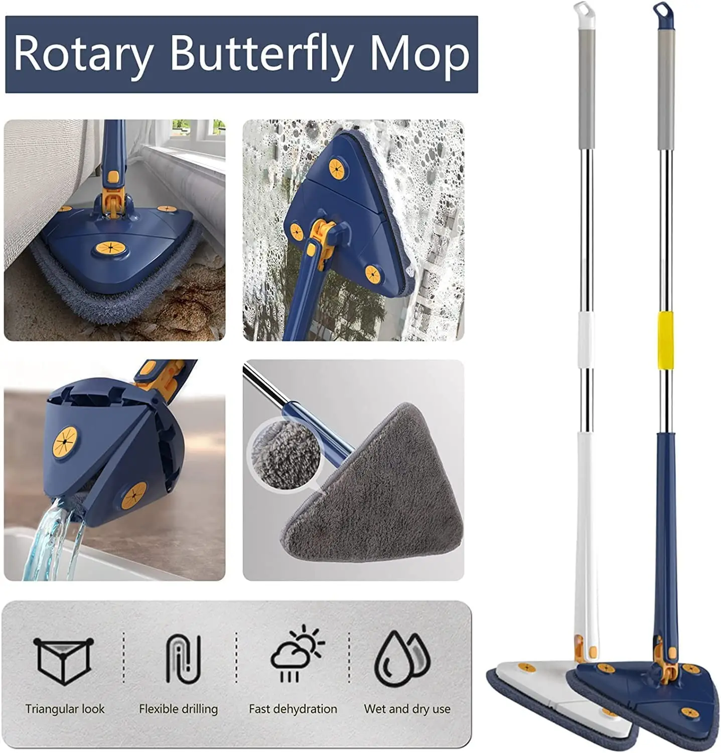 Rotatable Telescopic Triangle Mop 360° Spin Cleaning Mop Squeeze Wet And Dry Use Water Absorption For Home Floor Ceiling - Image 2