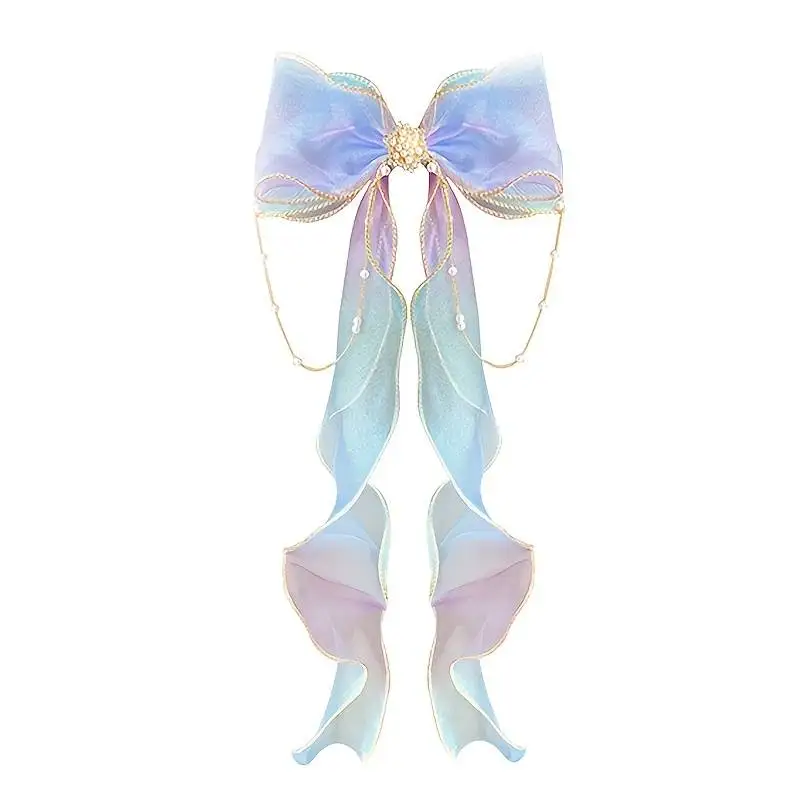 Baby Girls Cute Elegant Mesh Bow Ribbon Clips With Faux Pearl Tassel Decoration Hair Accessories For Party Performance - Image 3