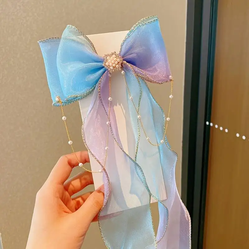 Baby Girls Cute Elegant Mesh Bow Ribbon Clips With Faux Pearl Tassel Decoration Hair Accessories For Party Performance - Image 2