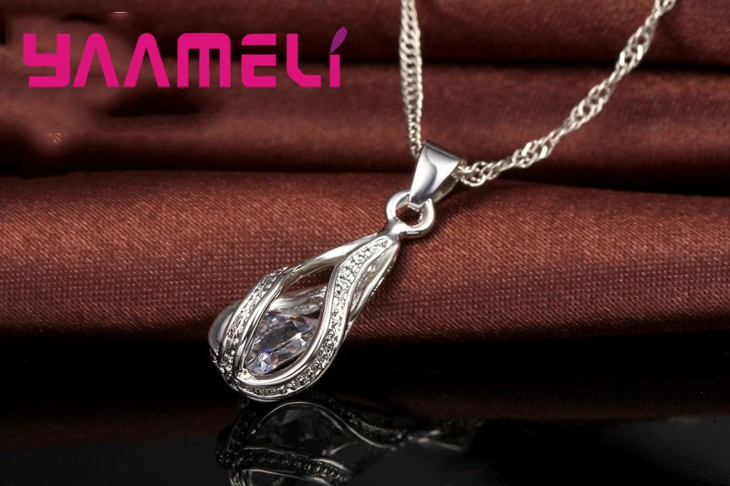 Hot Water Drop CZ 925 Sterling Silver Plated Jewelry Set For Women Pendant Necklace Hoop Earrings Wedding Party Ceremoey Anel - Image 5
