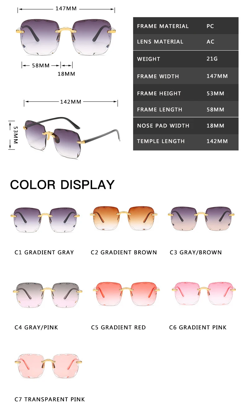 Square Rimless Sunglasses Women Luxury Brand Designer Summer Red Glasses Fashion Sun glasses For Men UV400 Shades Oculos - Image 4