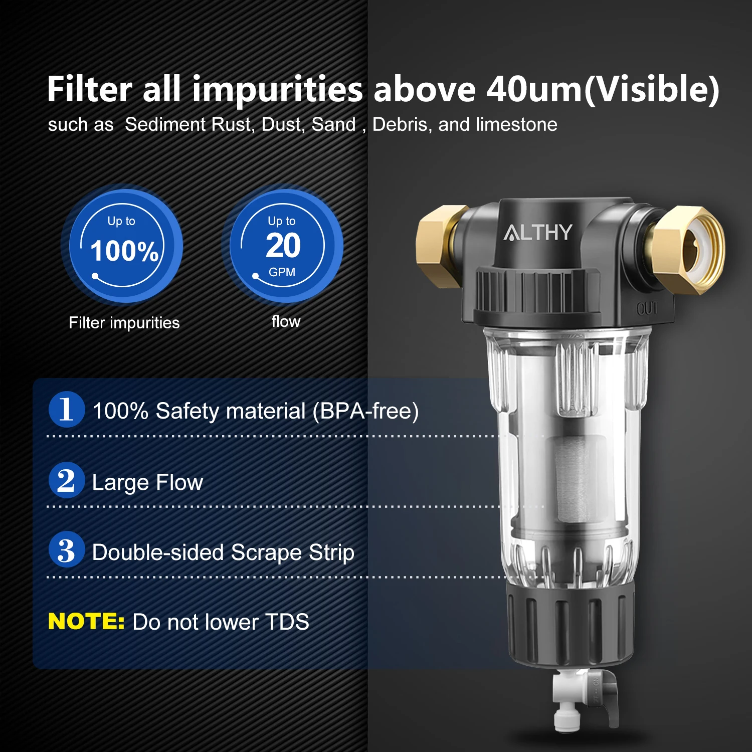 ALTHY Pre filter Whole House Spin Down Sediment Water Filter Central Prefilter Purifier System Backwash Stainless Steel Mesh - Image 2