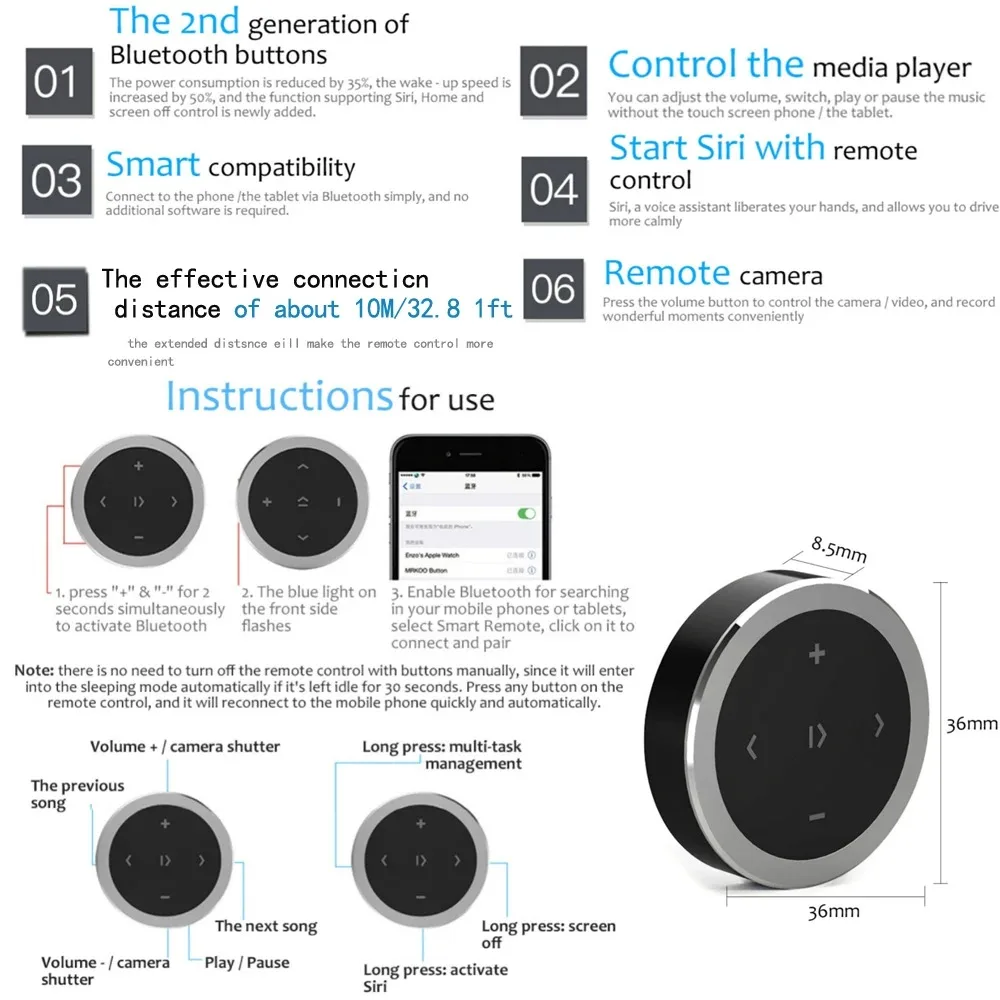 kebidu Steering Wheel Music Player Wireless Bluetooth Remote Control Media Button Multimedia for Android IOS Smartphone Car Kit - Image 6