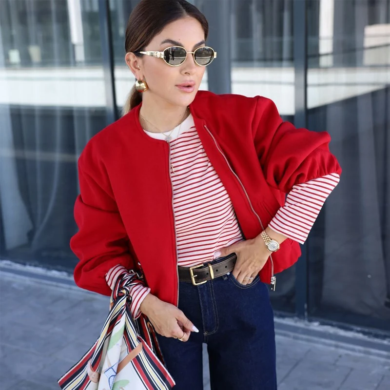 MUJER Red Zipper Bomber Jackets for Women Soft Cropped Jackets Woman 2025 Long Sleeve Woman's Sports Jacket New in Outerwears - Image 2