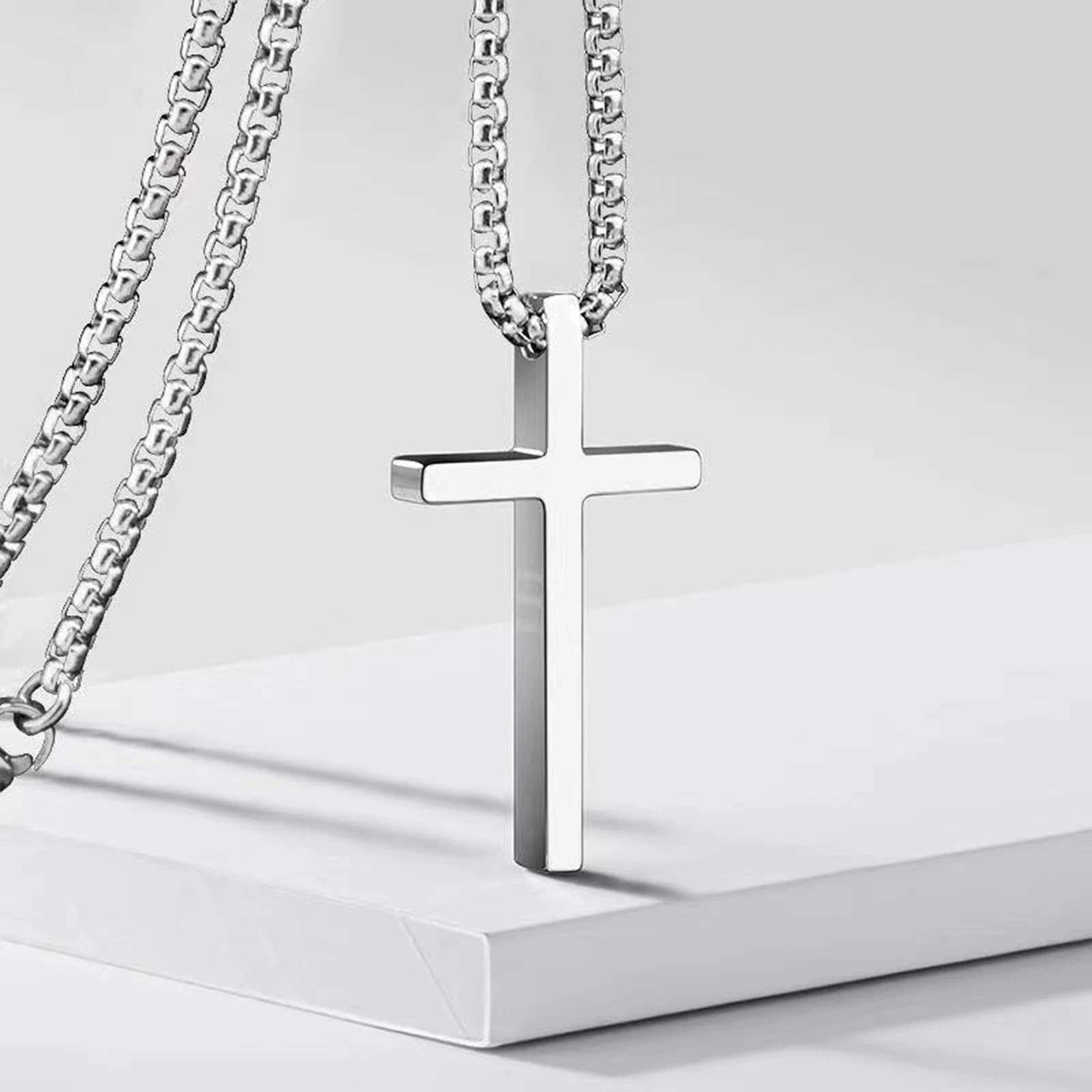 Vnox Cross Necklace for Men Women, Silver Color Plain Cross Pendant Collar with Stainless Steel Box Chain - Image 6