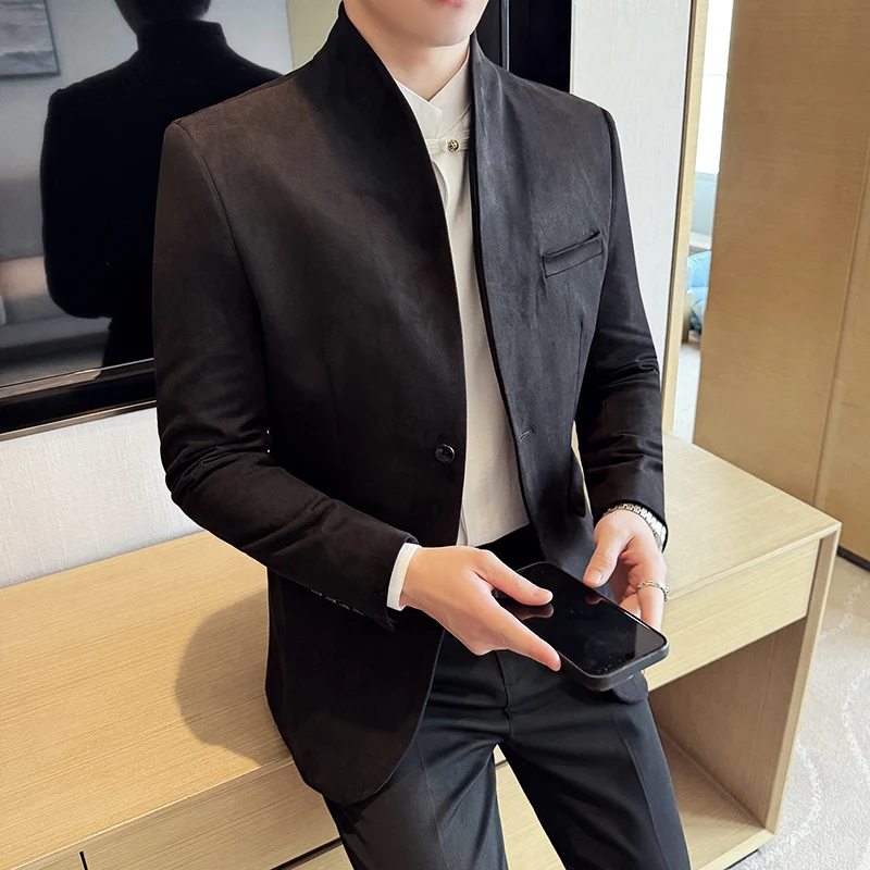 New Blazer Cowhide Velvet Korean Version Business Slim Fit Suit Stand Collar Fashionable Casual Suit Jacket Men Formal Clothing - Image 3