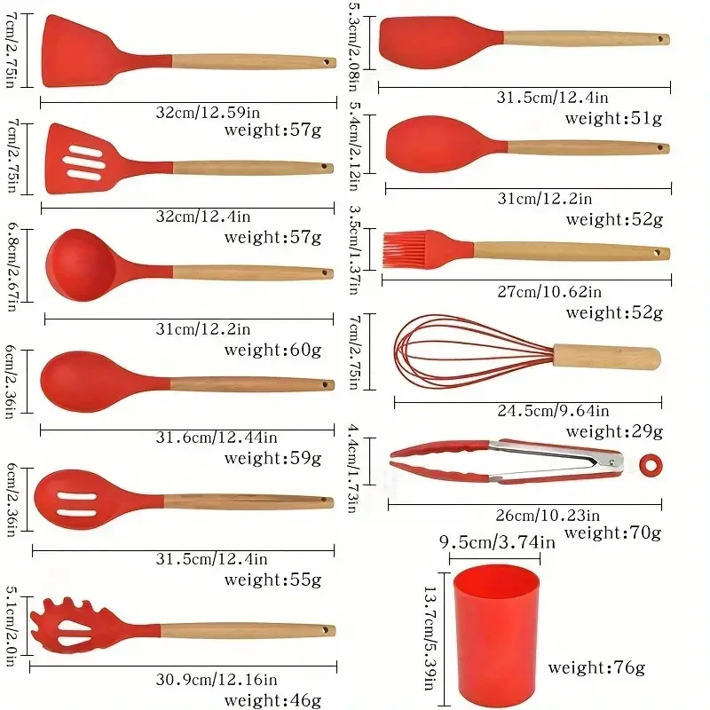12pcs Set of Multi-color Silicone Wooden Handle Kitchenware Set Non Stick Pot Spatula and Spoon Cooking Utensils, Heat-resistant - Image 5