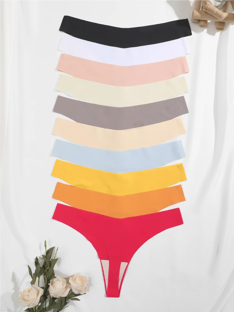 10PCS Ice Silk Seamless Underpants Women's Panties Sexy V-Waist Sport Thongs V-waist Stretch G-string Breathable Lingerie XS-XL - Image 2