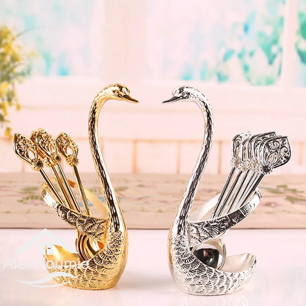 Ice Cream Cake Coffee Tea Stirring Spoons Dessert Swan Holder Cutlery Spoons Set Cutlery Kitchen Tableware 1 Set of 7 Pieces - Image 2