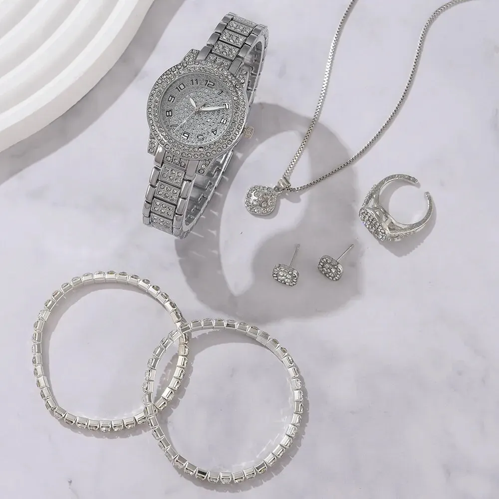 6PCS Women Watch Luxury Elegant Alloy Watch Crystal Wristwatch For Ladies Gift Quartz Watch Alloy Rhinestone Bracelet Montre - Image 5