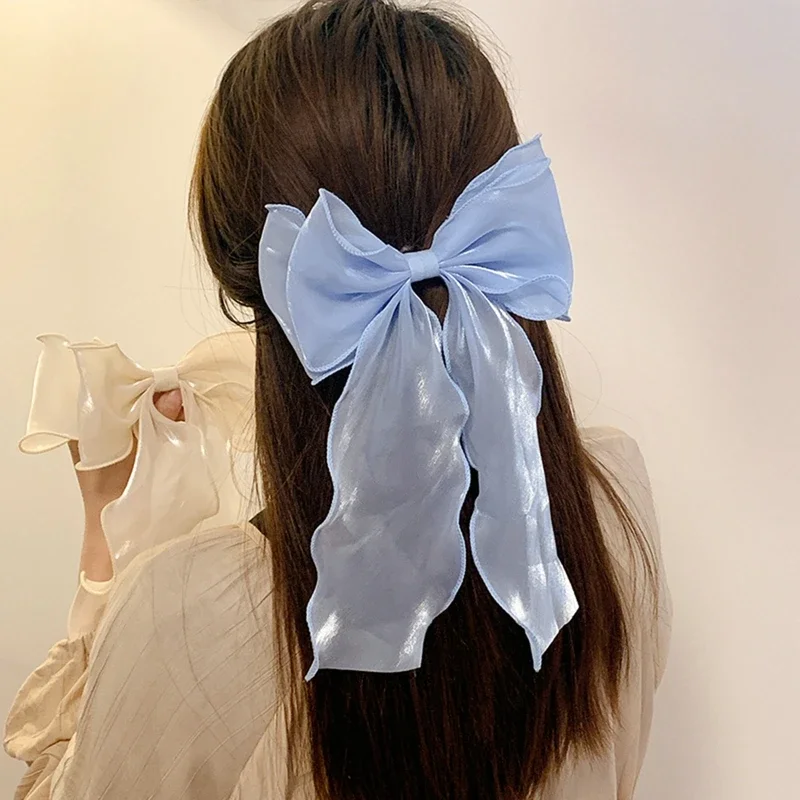 Sweet Chiffon Bow Hair Clips Girls Blue Shining Satin Bowknot Hair Clips Ribbon Bow Barrette Hairpin Grip Ponytail Clip Headwear - Image 6