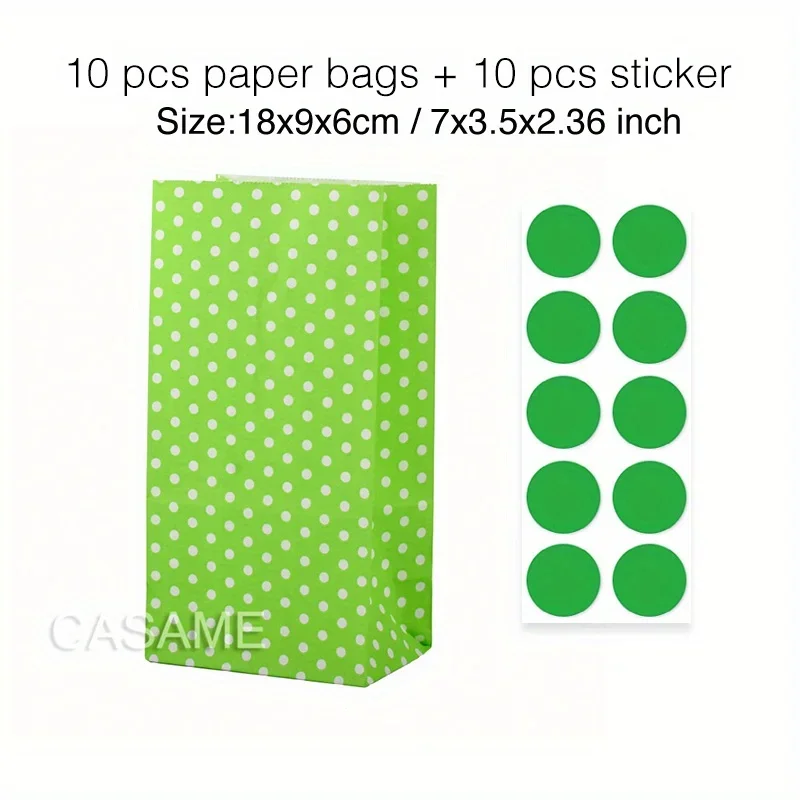 10 pcs Colorful Solid Stripe and Polka Dot Stand-Up Bags with Stickers - 18x9x6cm Favor Gift Packing Treat Bags for Wedding - Image 2