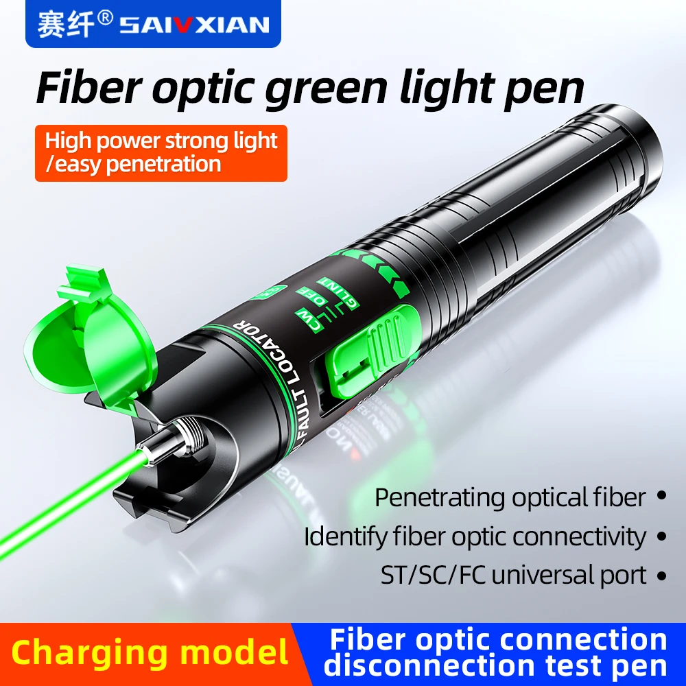 SAIVXIAN Visual fault locator Rechargeable Fiber Optic Green Light Pen 15/30MW Fiber Optic Tester Strong Light Passage Pen Test
