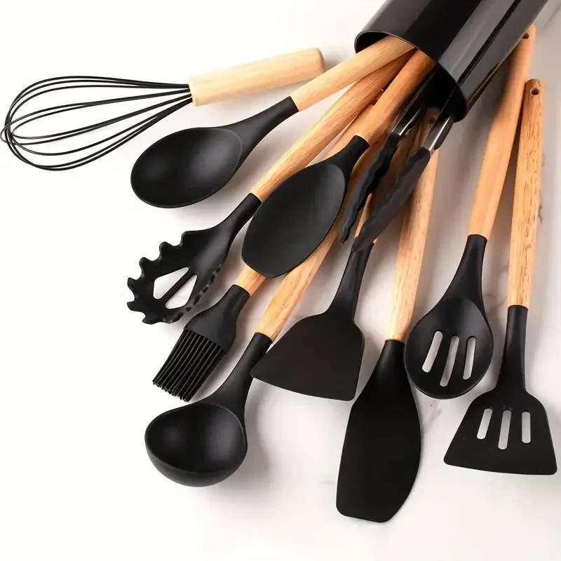 12pcs Set of Multi-color Silicone Wooden Handle Kitchenware Set Non Stick Pot Spatula and Spoon Cooking Utensils, Heat-resistant - Image 6