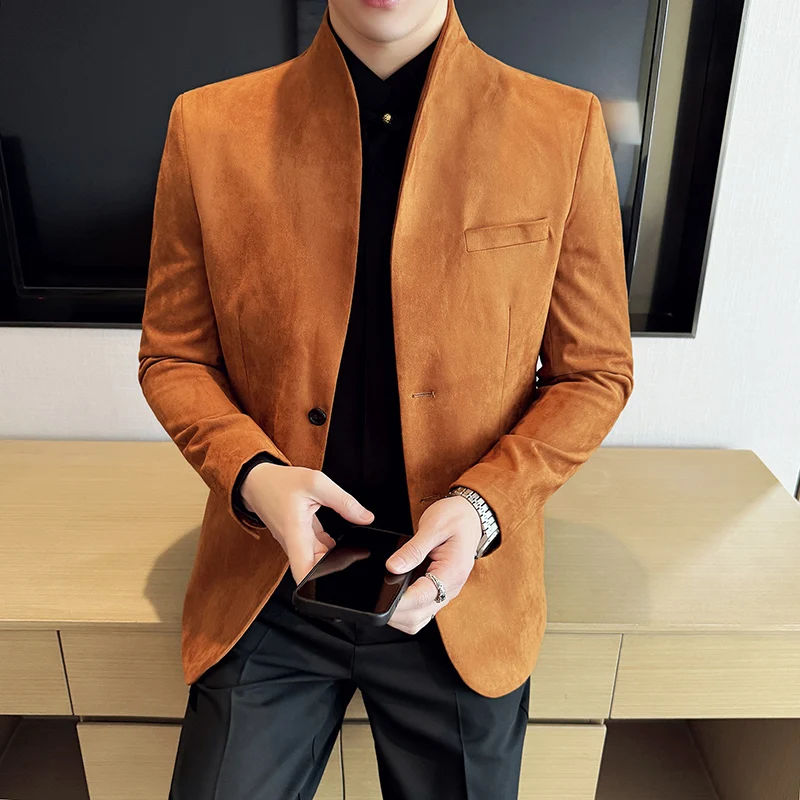 New Blazer Cowhide Velvet Korean Version Business Slim Fit Suit Stand Collar Fashionable Casual Suit Jacket Men Formal Clothing - Image 6