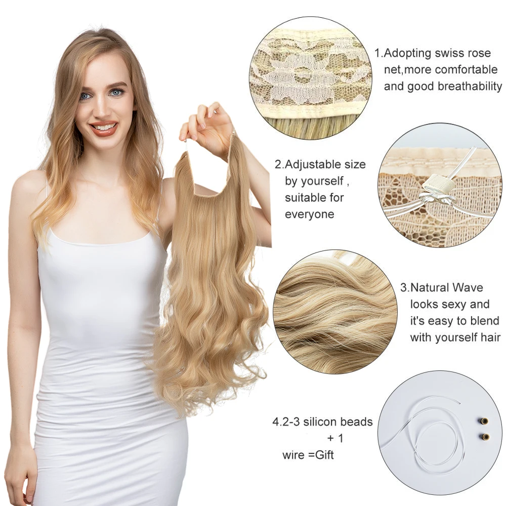 Synthetic No Clips In Natural Hair Extension Ombre Black Blonde Pink One Piece Long Wave Invisible Wire False Fake Hair Piece - Image 2