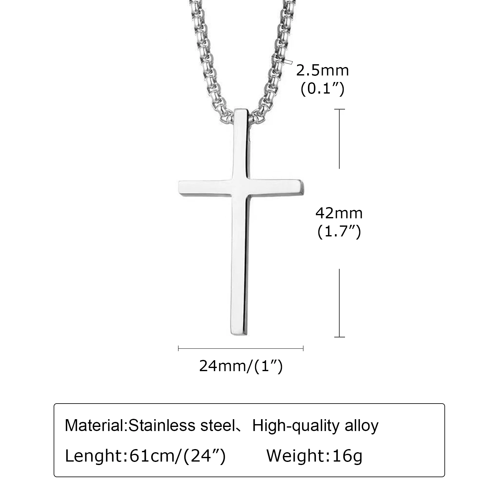 Vnox Cross Necklace for Men Women, Silver Color Plain Cross Pendant Collar with Stainless Steel Box Chain - Image 5