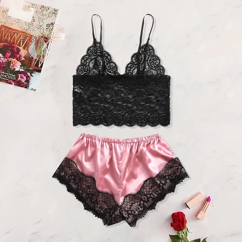 2025 Summer 2 Pcs Women's New Sexy Lace See-Through Pajamas Black Pink Cute Clothes Comfortable Breathable Suspender Shorts Set - Image 3
