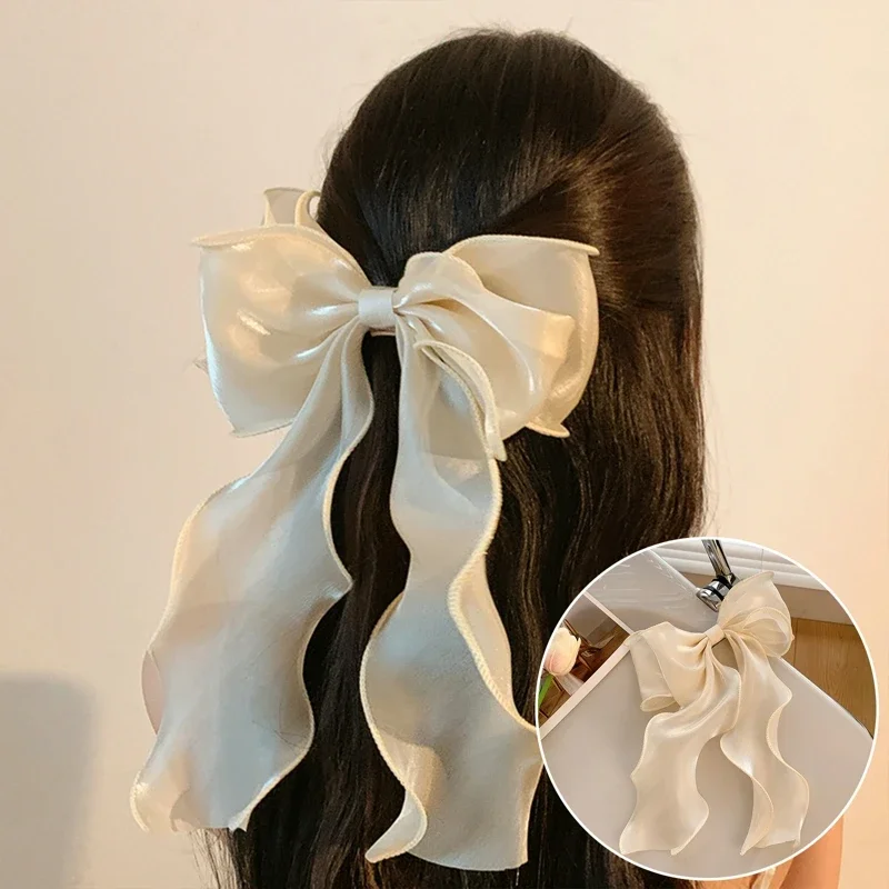 Sweet Chiffon Bow Hair Clips Girls Blue Shining Satin Bowknot Hair Clips Ribbon Bow Barrette Hairpin Grip Ponytail Clip Headwear - Image 4