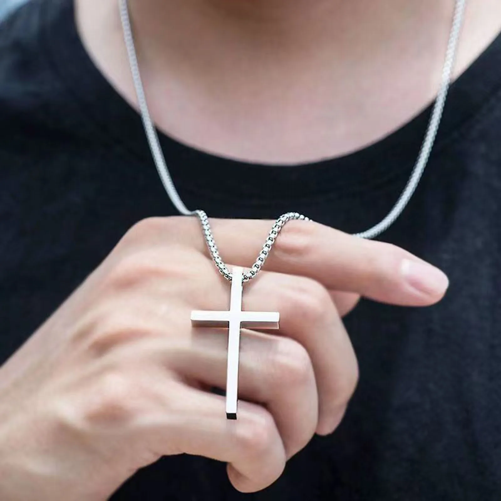 Vnox Cross Necklace for Men Women, Silver Color Plain Cross Pendant Collar with Stainless Steel Box Chain - Image 3