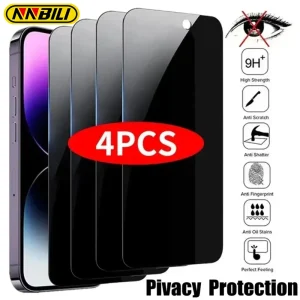NNBILI 4Pcs Full Cover Privacy Screen Protector For iPhone 11 12 13 14 15 16 17 Pro Max Anti-spy Glass For iPhone16e 17Air Glass