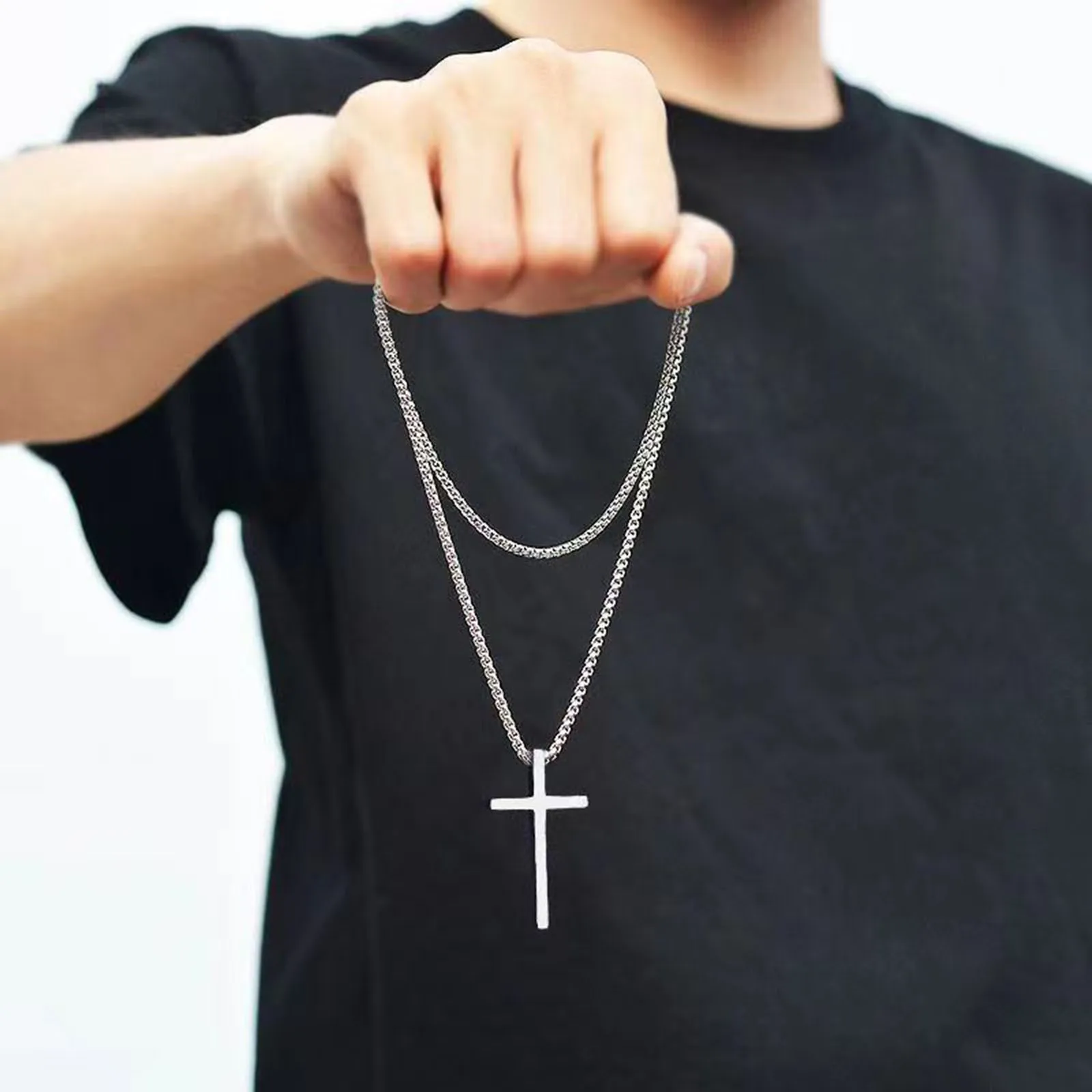 Vnox Cross Necklace for Men Women, Silver Color Plain Cross Pendant Collar with Stainless Steel Box Chain - Image 2