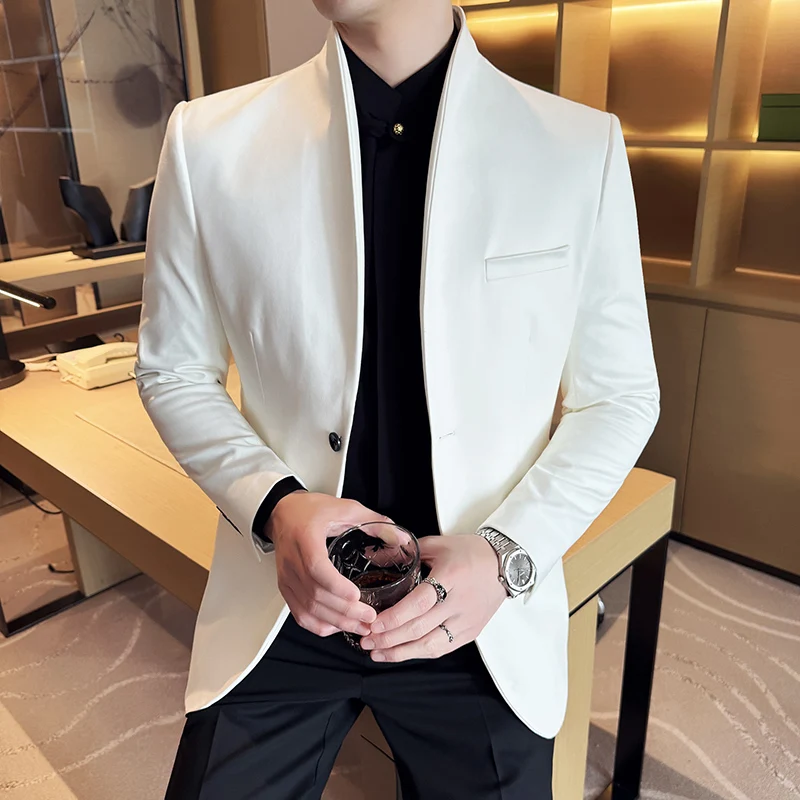 New Blazer Cowhide Velvet Korean Version Business Slim Fit Suit Stand Collar Fashionable Casual Suit Jacket Men Formal Clothing - Image 4