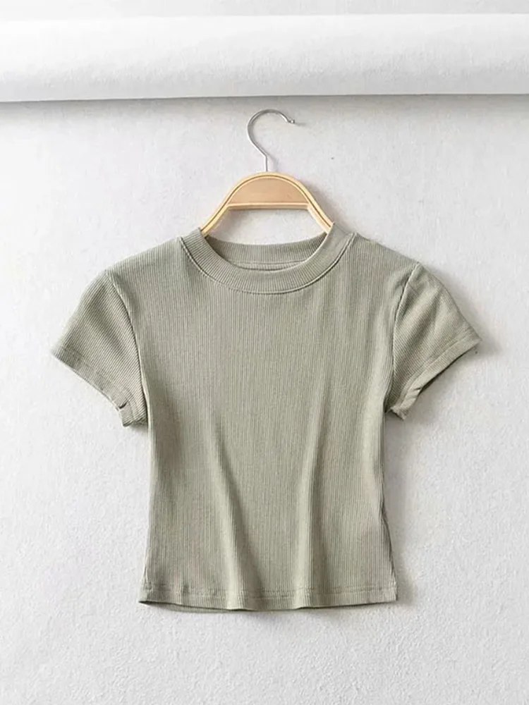 Summer Sexy Women O-neck Short-sleeve T-shirt Slim Elastic Skinny Crop Tops - Image 2