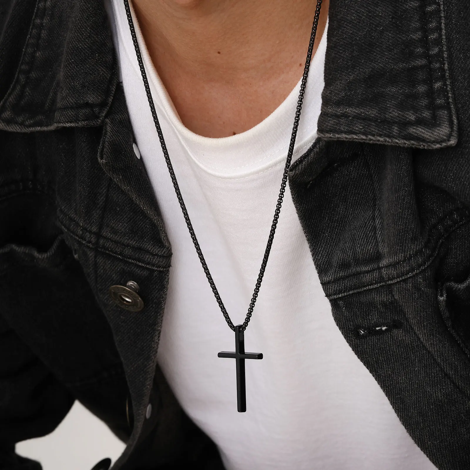 Vnox Cross Necklace for Men Women, Silver Color Plain Cross Pendant Collar with Stainless Steel Box Chain - Image 4