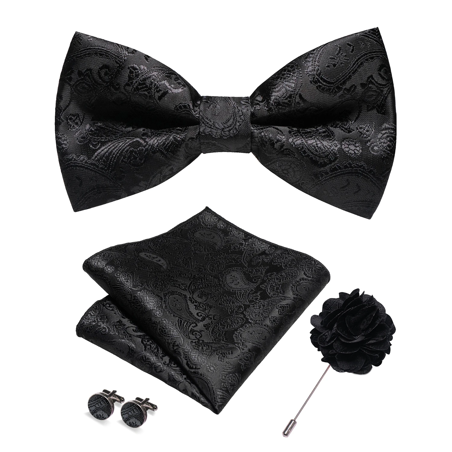 Champagne Silk Jacquard Paisley Mens Bow Tie Brooch Hanky Cufflinks Set Pre-tied Butterfly Knot Bowtie for Male Wedding Business - Image 3