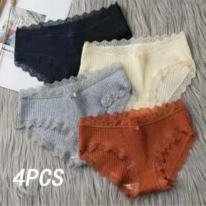 4 Pcs Lace Wavy Trim Bikini Panties, Comfy & Breathable Elastic Intimates Panties, Women’s Lingerie & Underwear
