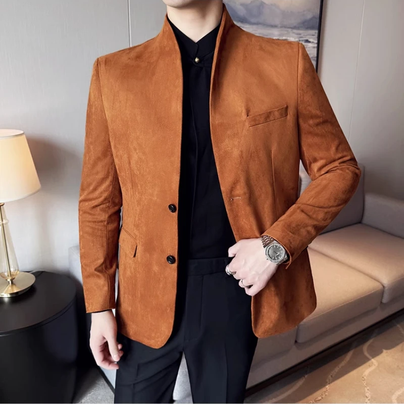 New Blazer Cowhide Velvet Korean Version Business Slim Fit Suit Stand Collar Fashionable Casual Suit Jacket Men Formal Clothing - Image 5
