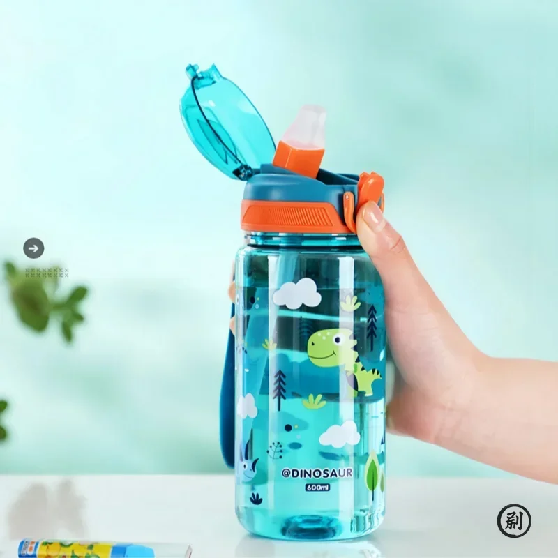 600ml Dinosaur Water Bottle For Kids Water Sippy Cup With Silicone Straw Leakproof Plastic Water Bottles Summer Kids Water Cup - Image 2