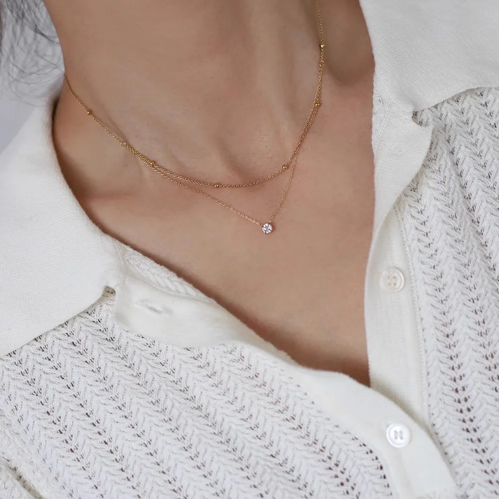 Stylish Shiny Zircon Double Layer Staniless Steel Waterproof Gold Plated Choker Necklace Stacked Fashion Jewelry Gift for Women - Image 2