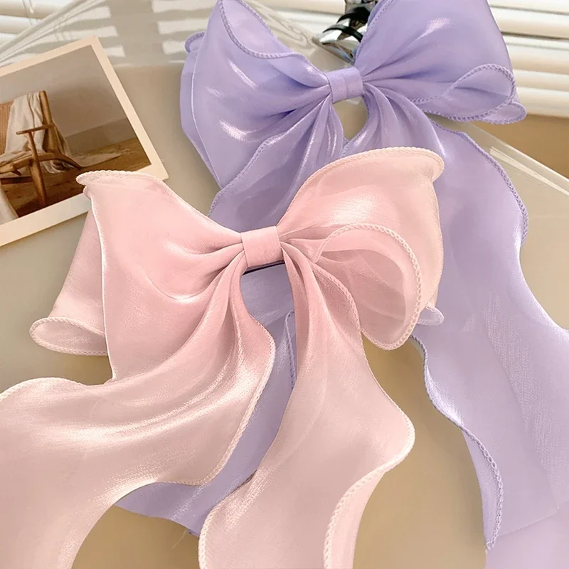 Sweet Chiffon Bow Hair Clips Girls Blue Shining Satin Bowknot Hair Clips Ribbon Bow Barrette Hairpin Grip Ponytail Clip Headwear - Image 3