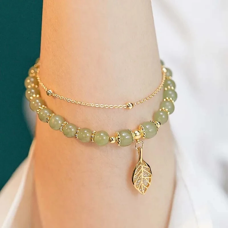Chinese Style Green Jade Bracelet For Women Exquisite Gold Color Leaves Wrist Strap Bangle Double Chain Bracelet Girls Gifts - Image 2