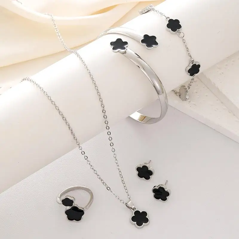 5pcs Lucky Five-petal Flower Women's Jewelry Set, Fashion Flower Bracelet + Necklace + Earrings + Bracelet + Ring Set, Birthday - Image 2