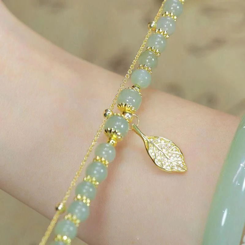 Chinese Style Green Jade Bracelet For Women Exquisite Gold Color Leaves Wrist Strap Bangle Double Chain Bracelet Girls Gifts - Image 5
