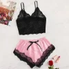 2025 Summer 2 Pcs Women’s New Sexy Lace See-Through Pajamas Black Pink Cute Clothes Comfortable Breathable Suspender Shorts Set