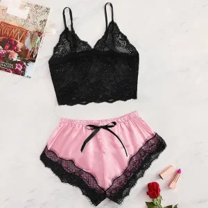 2025 Summer 2 Pcs Women’s New Sexy Lace See-Through Pajamas Black Pink Cute Clothes Comfortable Breathable Suspender Shorts Set