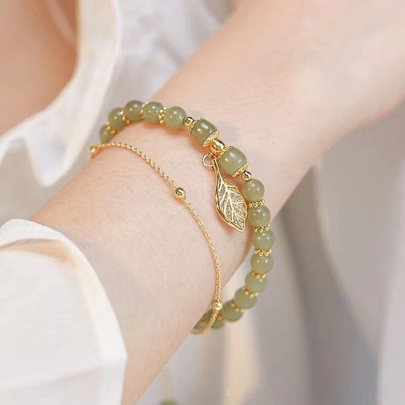 Chinese Style Green Jade Bracelet For Women Exquisite Gold Color Leaves Wrist Strap Bangle Double Chain Bracelet Girls Gifts - Image 4