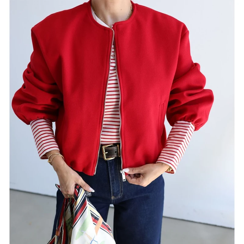 MUJER Red Zipper Bomber Jackets for Women Soft Cropped Jackets Woman 2025 Long Sleeve Woman's Sports Jacket New in Outerwears - Image 3