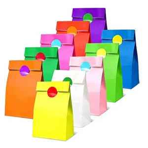 10 pcs Colorful Solid Stripe and Polka Dot Stand-Up Bags with Stickers – 18x9x6cm Favor Gift Packing Treat Bags for Wedding