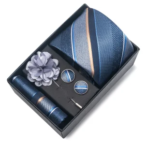 Top Grade Fashion 8 cm Wide Tie Sets Blue Stripe Men’s Gravata Handkerchief Cufflink Box Fit Group Workplace Wedding Tie