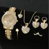 Women’s Quartz Watch Gold Luxury Women Ring Necklace Earring Rhinestone Fashion Wristwatch Casual Ladies Watches Jewelry Set 