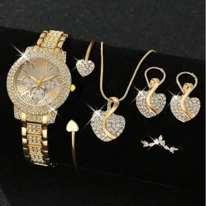 Women’s Quartz Watch Gold Luxury Women Ring Necklace Earring Rhinestone Fashion Wristwatch Casual Ladies Watches Jewelry Set 