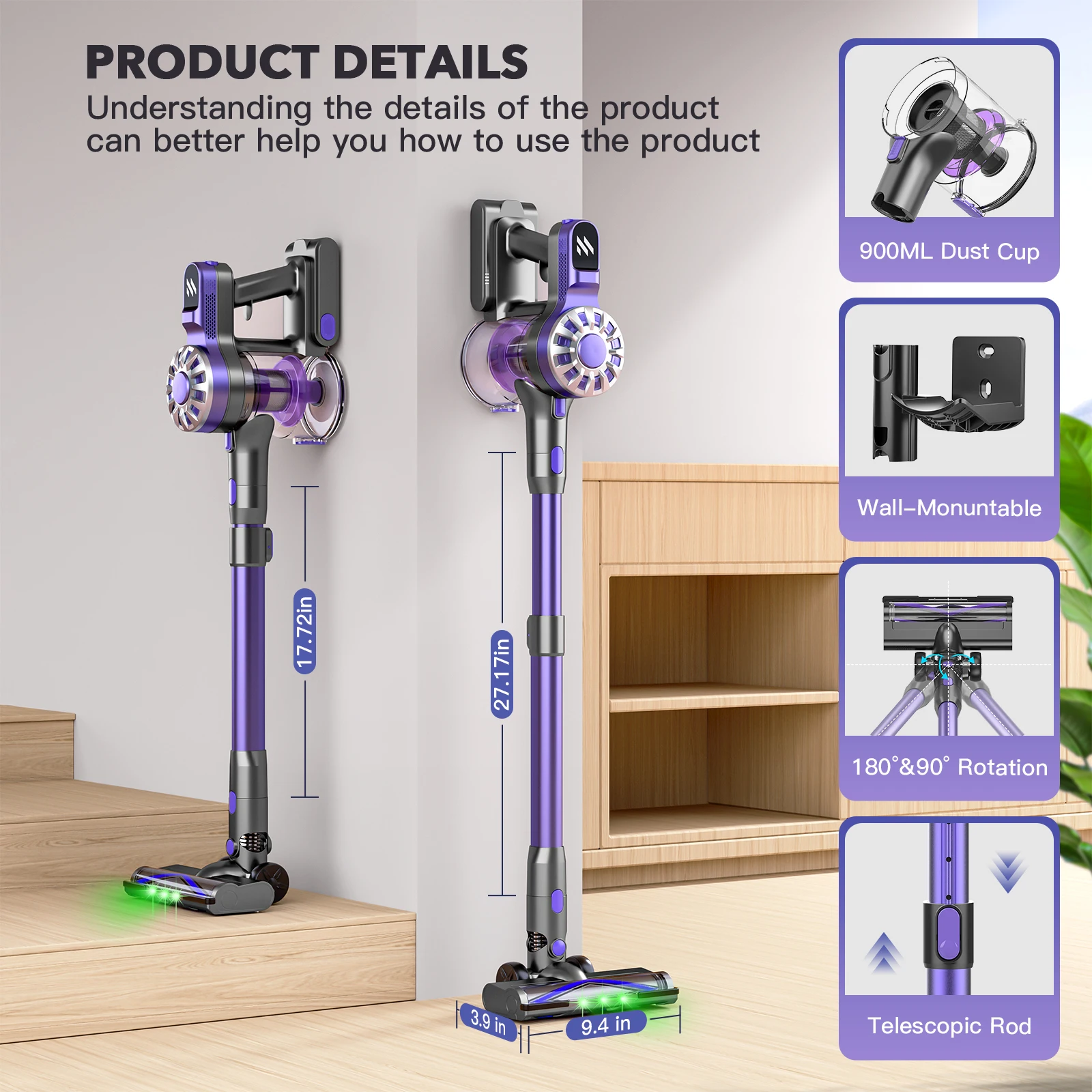 OMESER V70 600W 65KPA Suction Power Cordless Vacuum Cleaner Handheld smart Home appliance Removable Battery Mite removal brush - Image 3
