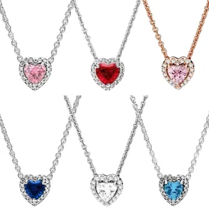 Colorful Heart Shaped Pendants Necklace Original 925 Sterling Silver Elevated Heart Necklace Lover’s Holiday Fine Jewelry Gift