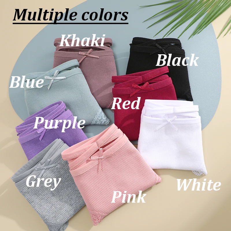 3PCS/Set Women Cotton Panties Sexy Low Rise Lace Brazilian Panties Hollow Out Soft Breathable Lingerie Female Bow Underwear S-XL - Image 2